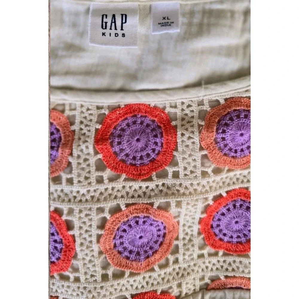 Gap Kids Girls XL‎ 12-14 Beige Gauze Tank Top Crochet Floral Flutter Sleeve Boho
